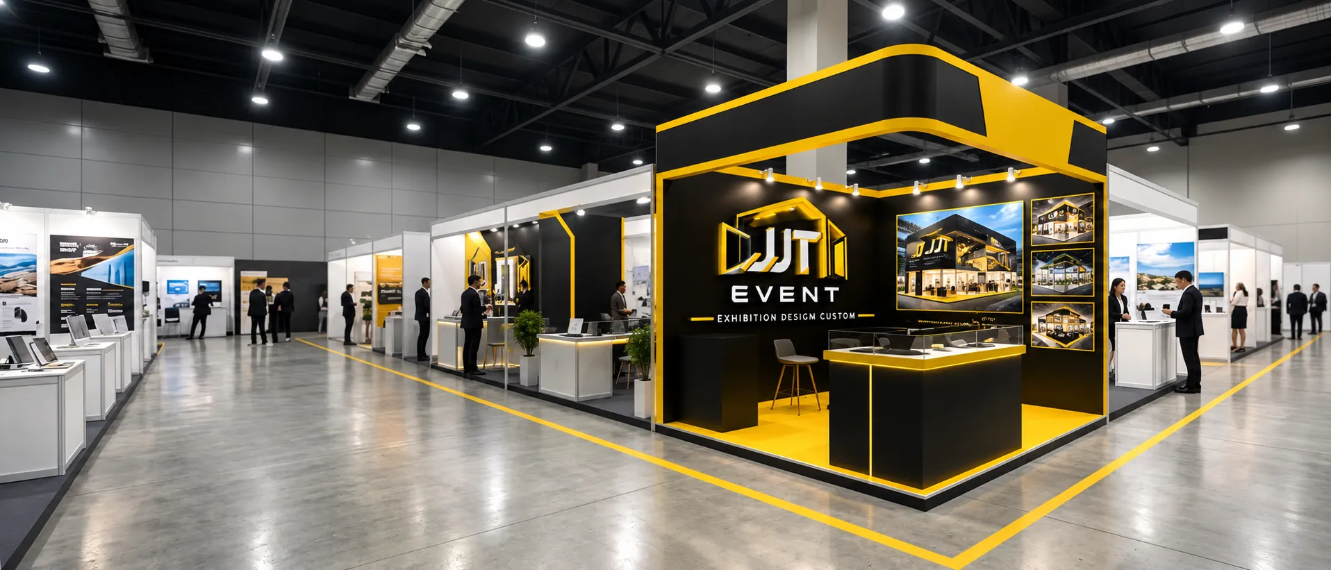 Booth pameran hitam dan kuning JJT Event di dewan pameran